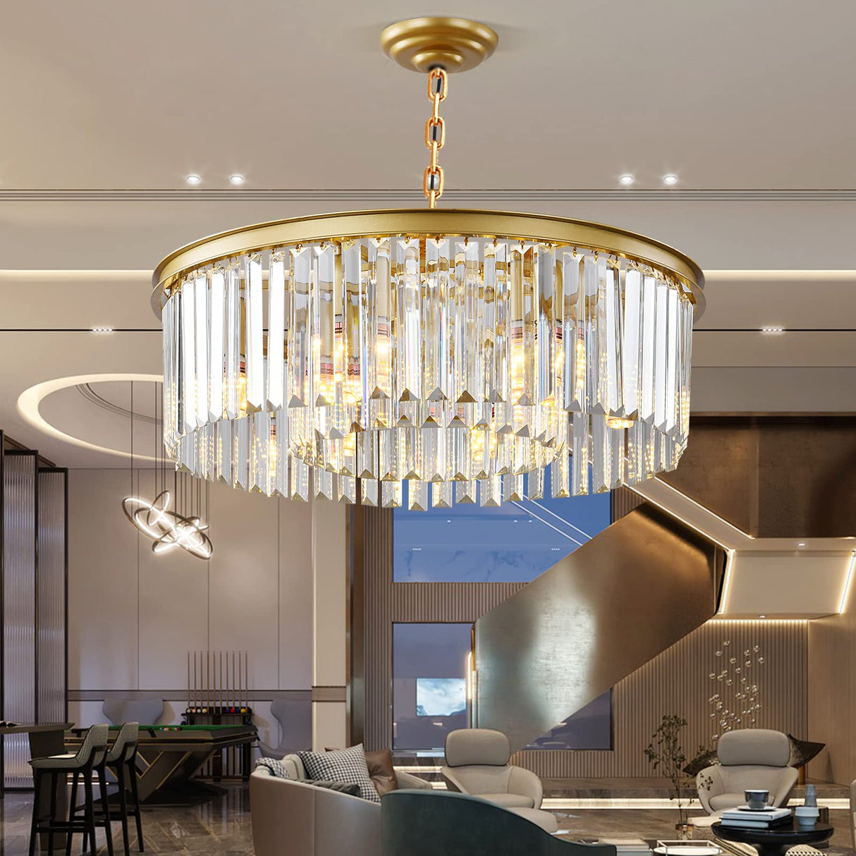 Gold Modern Crystal Chandelier, 2-Tier Round Flush Mount Ceiling