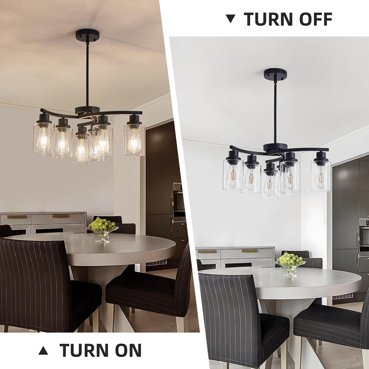 OTeedo 6-Light Modern Farmhouse Black Chandeliers for Dining Room,Kitchen Black Chandeliers Over Table,Adjustable Height Hanging Whirlwind Pendant Lights,Clear Glass Shade Ceiling Light Fixture