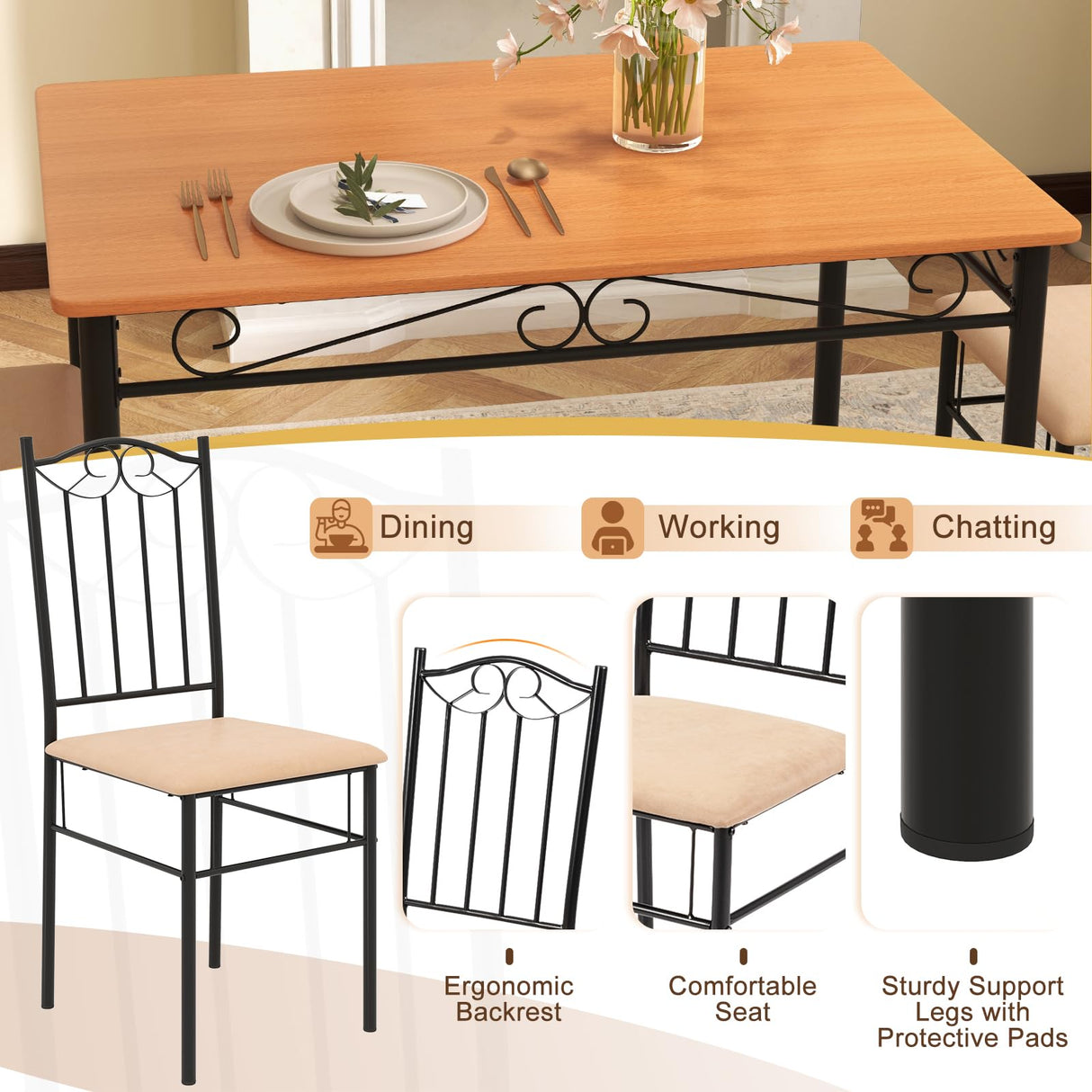 Dining Table Set for 4, Dining Room Table Set with Metal Frame & Padded Seat