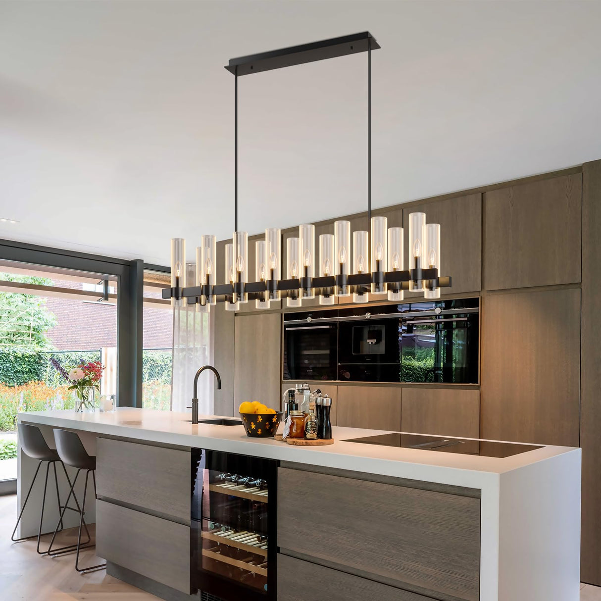 54 Inch Black Chandelier Linear with Clear Glass Shade