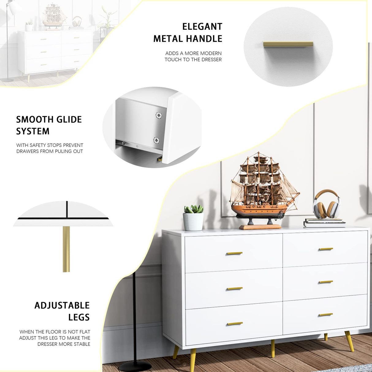 White Dresser, 6 Drawer Dresser for Bedroom with Wide Drawers and Metal Handles