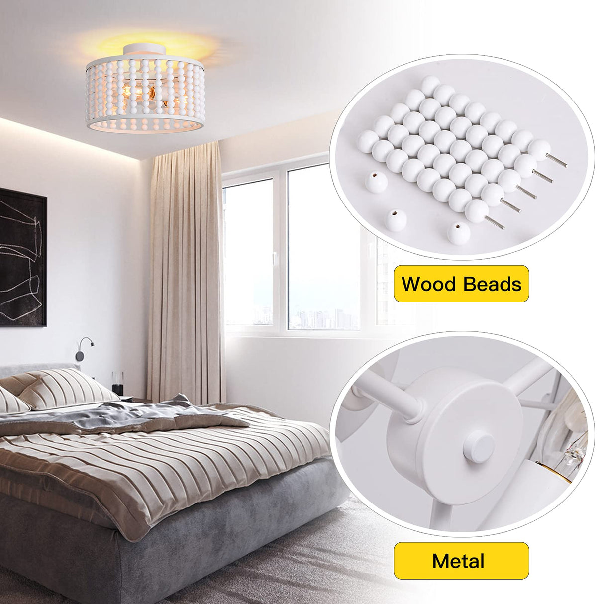 Boho Light Fixture, 3-Light Wood Beaded Chandelier, White Semi-Flush Mount Ceiling