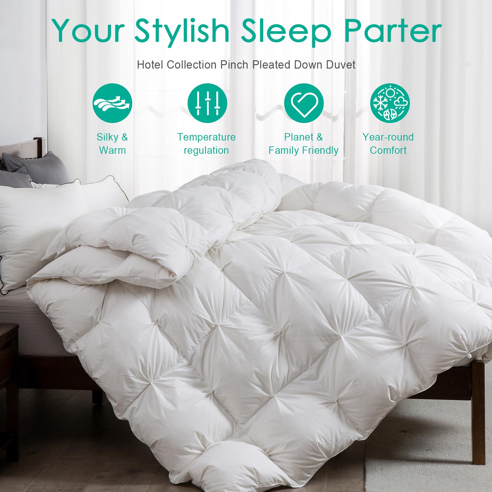 APSMILE Down Comforter Queen Size Pinch Pleat Design - 750 Fill-Power Luxurious Fluffy Duvet Insert - All-Season Medium Warmth Bed Feather Down Comforter with 8 Tabs(90"x90", Solid White)