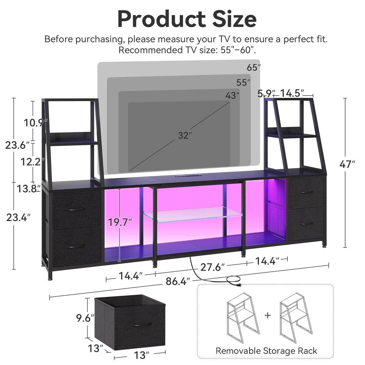 TV Stand for 40-60 Inch TVs with LED Lights & Power Outlets