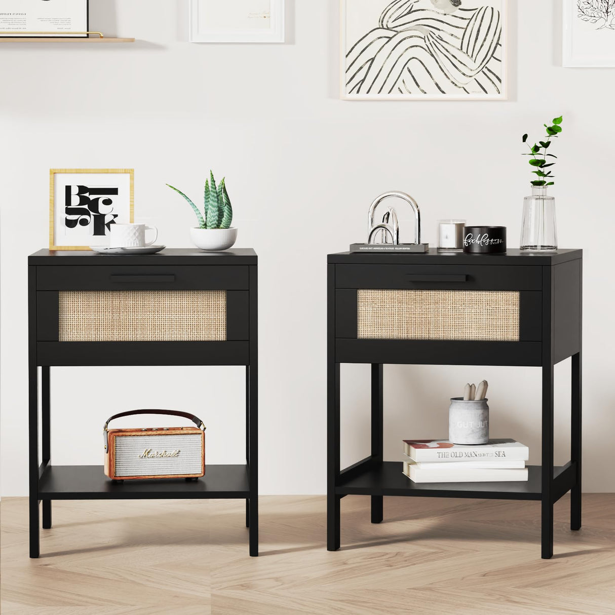 Rattan Nightstand Set of 2 - Rattan Decor Drawer Night Stand Natural Wood Bedside