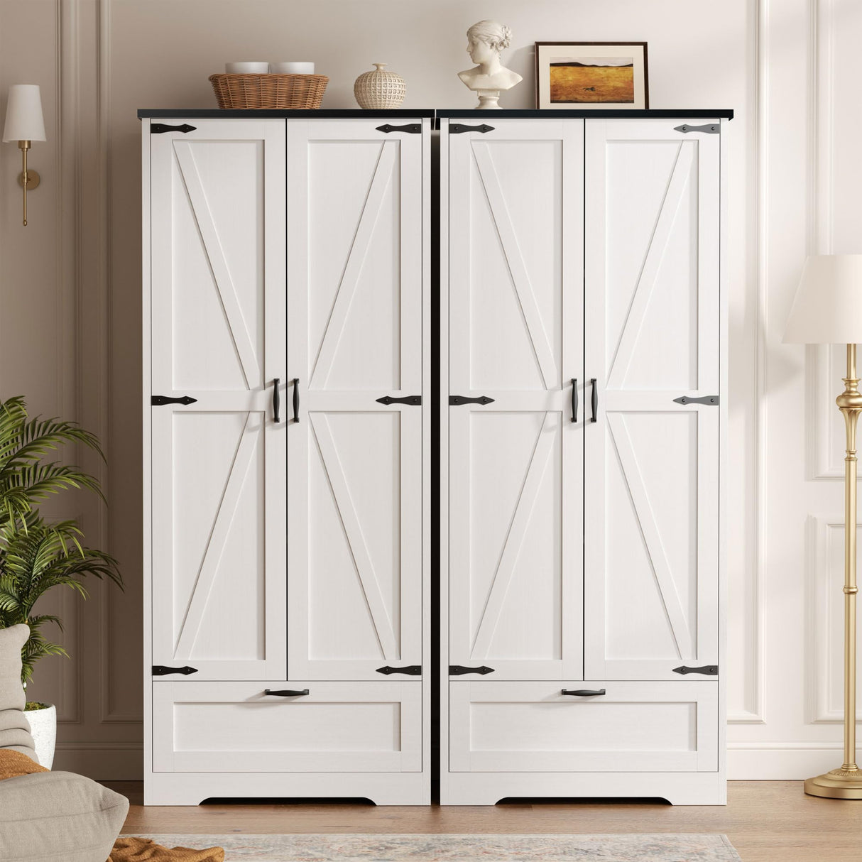 Kitchen Pantry Storage Cabinet with Barn Doors, Drawer and Adjustable Shelves, 4-Tier