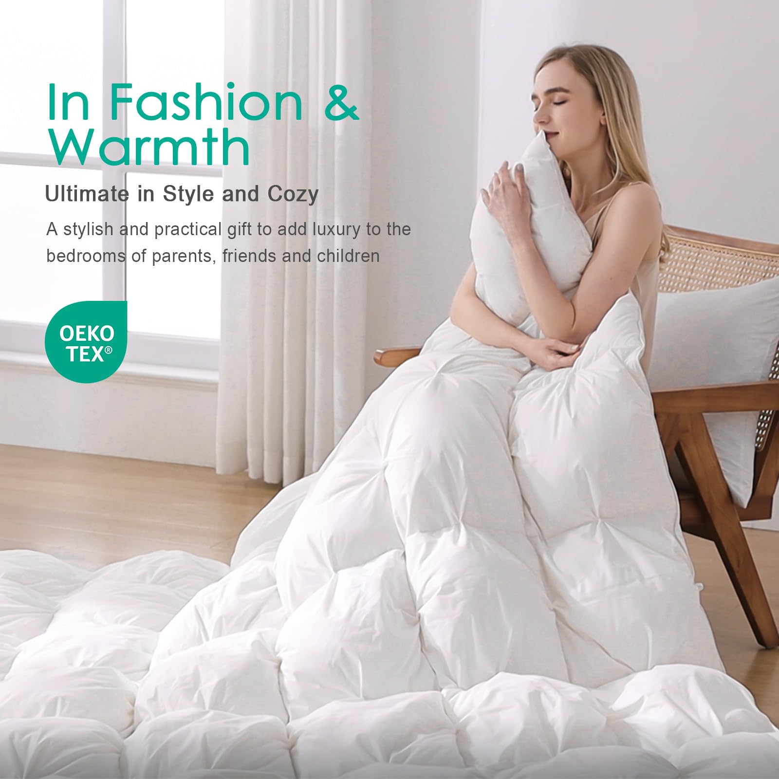 APSMILE Down Comforter Queen Size Pinch Pleat Design - 750 Fill-Power Luxurious Fluffy Duvet Insert - All-Season Medium Warmth Bed Feather Down Comforter with 8 Tabs(90"x90", Solid White)