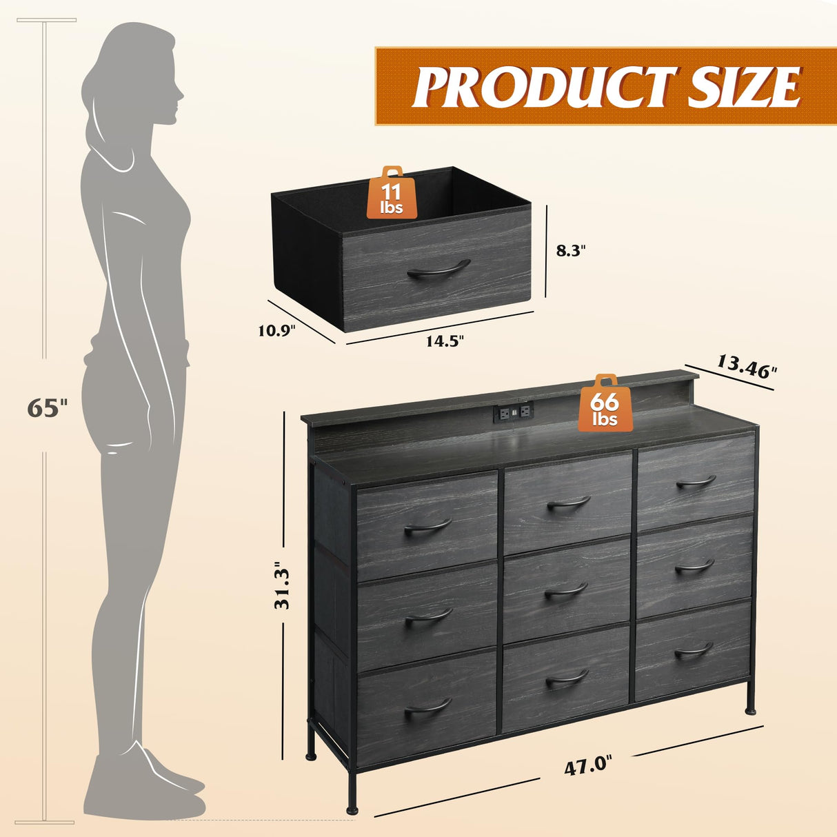 WLIVE Black Dresser TV Stand for 50, 55 inch, Led Dresser for Bedroom, Chest of Drawers with LED Lights, Charging Station, Clothes Storage with 9 Drawers, Wood Top, Living Room, Closet