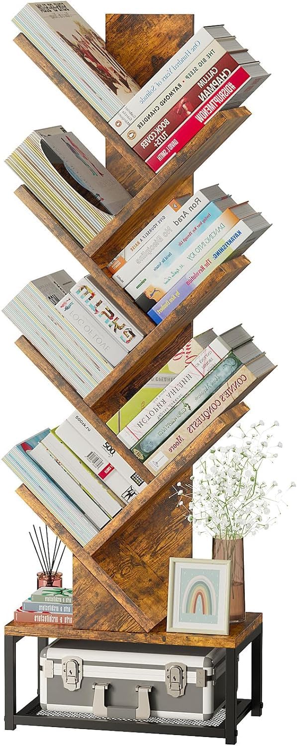 EasyCom Tree Bookshelf Metal Base, 7 Tier Bookcase Storage, Floor Standing