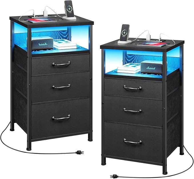 Nightstand with Charging Station, LED Night Stand