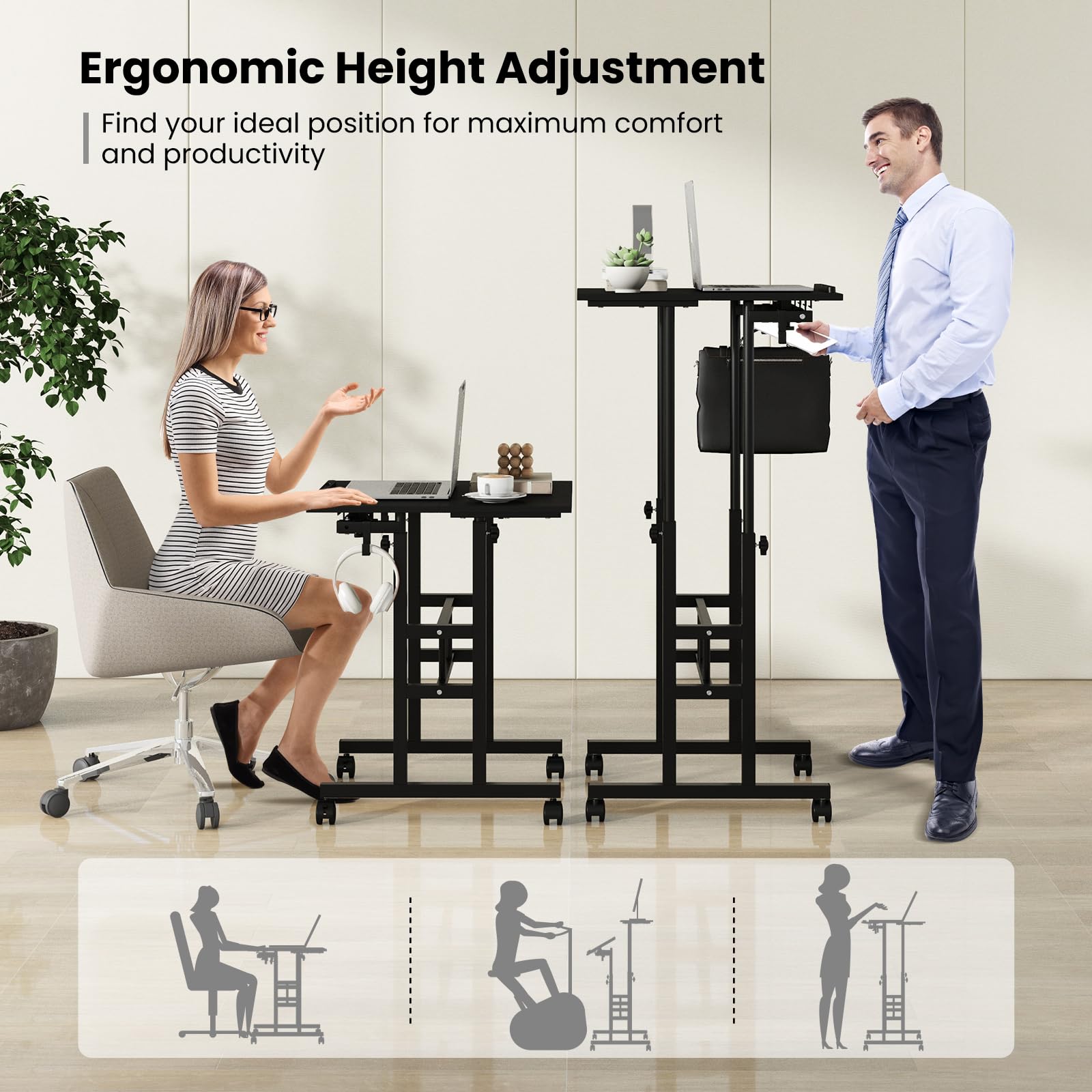 Mobile Standing Desk, Height-Adjustable Laptop Podium Cart with Tilting Tabletop & Adjustable Angle, Rolling Stand Up Computer Desk with 2 Hanging Hooks & Lockable Casters for Home Office