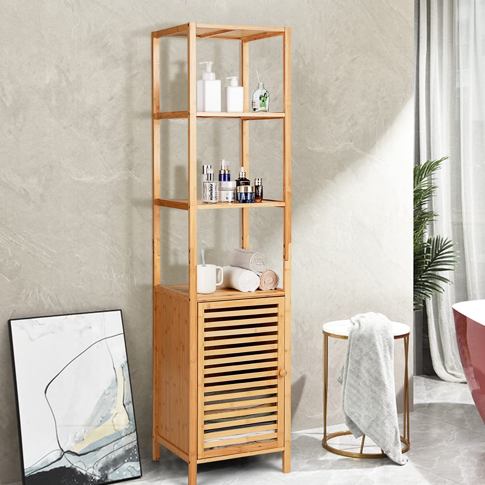 Tall Bamboo Cabinet, Slim Narrow Floor Storage Cabinet