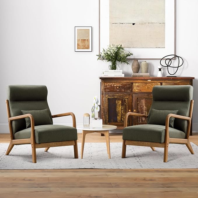 Mid Century Modern Accent Chair with Wood Frame, Upholstered Living Room Chairs
