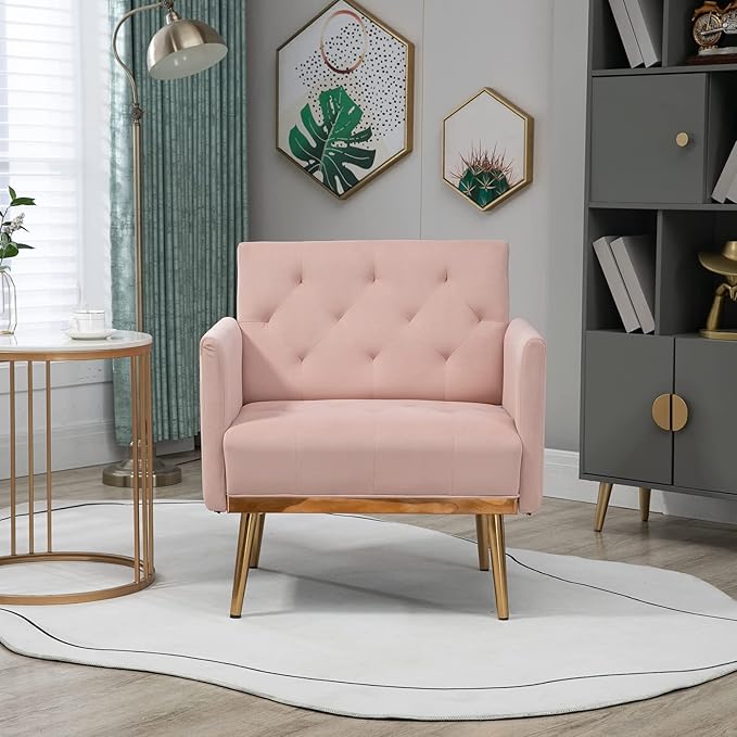 Modern Velvet Accent Chair, Upholstered Single Sofa Chair with Rose Gold Metal Trim, Comfy Living Room Lounge Armchair for Relaxing, Navy Blue