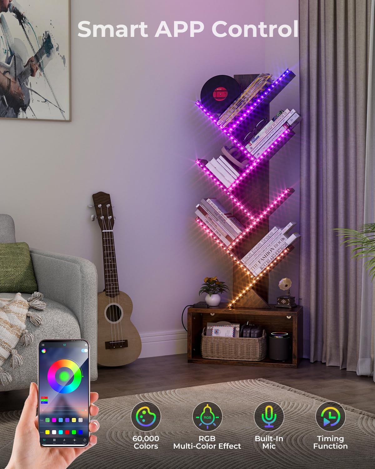 Evermagin 6-Tier Tree Bookshelf with LED Lights – Remote App Controlled Bookcase