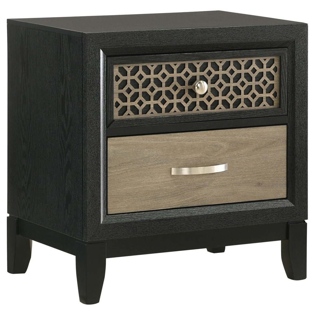 AKI 25 Inch Nightstand, 2 Drawers, Geometric Cut Out Front, Black, Brown and Silver