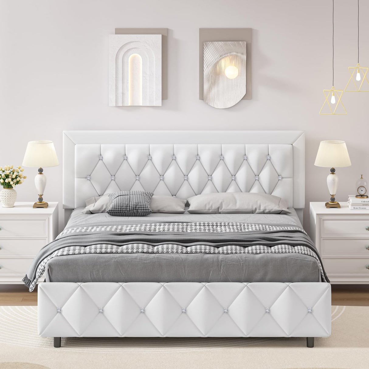 White Full Size Bed Frame with 4 Storage Drawers, Modern Leather Bed with Tufted