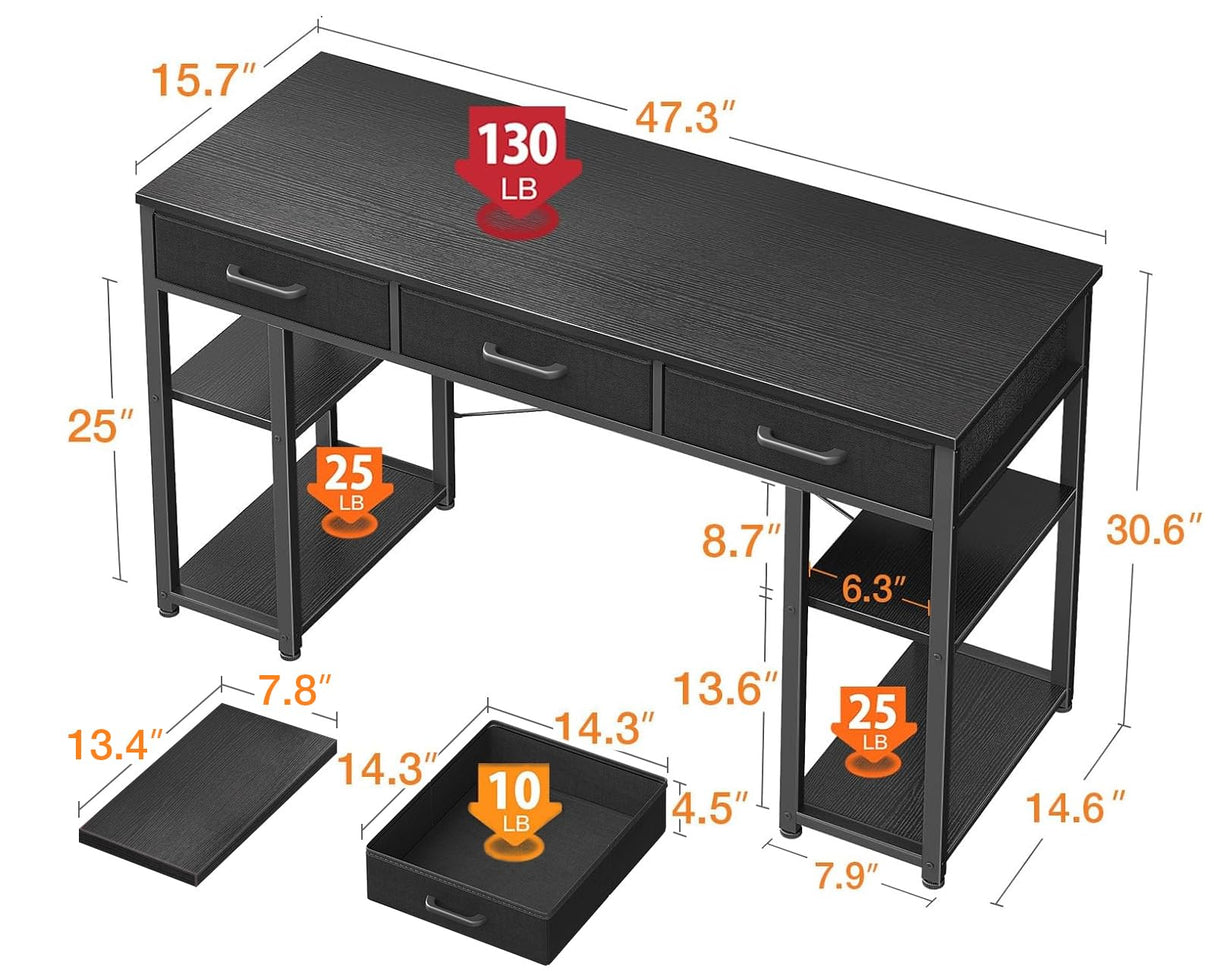 Small Computer Desk: Home Table with Fabric Drawers & Storage Shelves, Modern Writing Desk, Black, 48"x16"