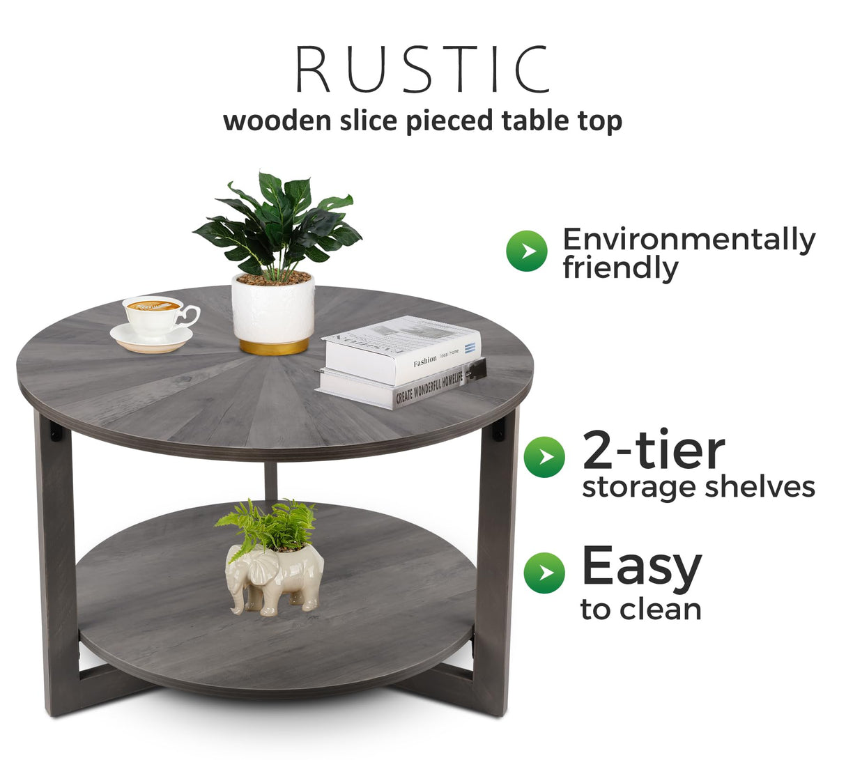 Round Coffee Table with Storage, Mid Century Modern Engineered Wood Coffee Table