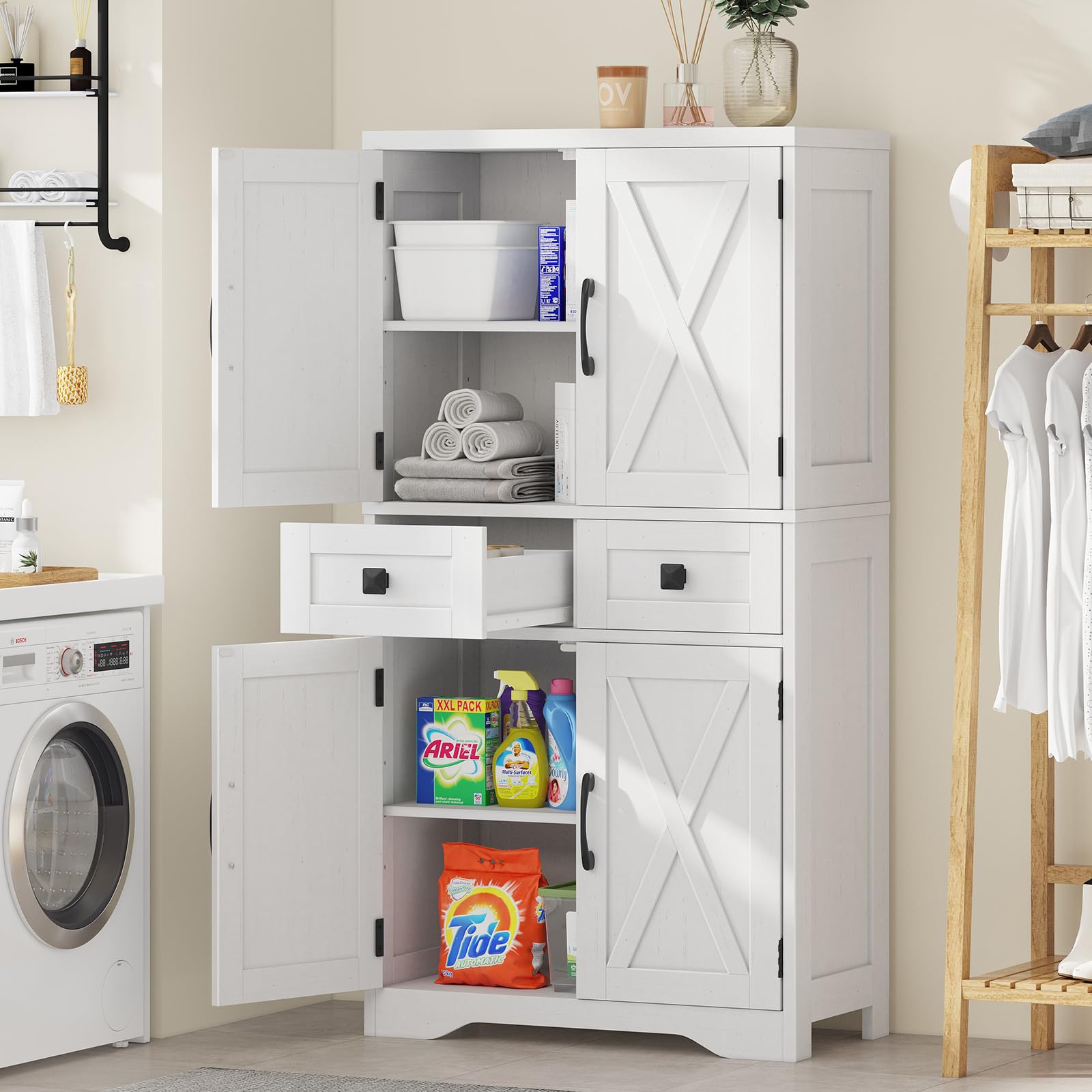 Bathroom Storage Cabinet with 2 Drawers and Barn Doors, Kitchen Pantry Cabinet