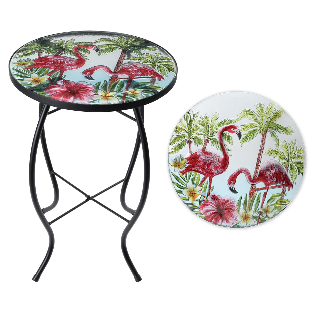 VCUTEKA Patio Side Table Outdoor Accent Table Small Mosaic Table Coffee Table End Table Porch Table Indoor Outdoor Round Glass Balcony Bistro Plant Stands Three Flamingos 14 inches - Bircata