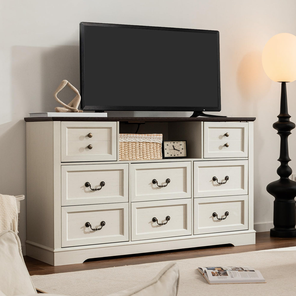 White Dresser for Bedroom with Charging Station & Led Lights