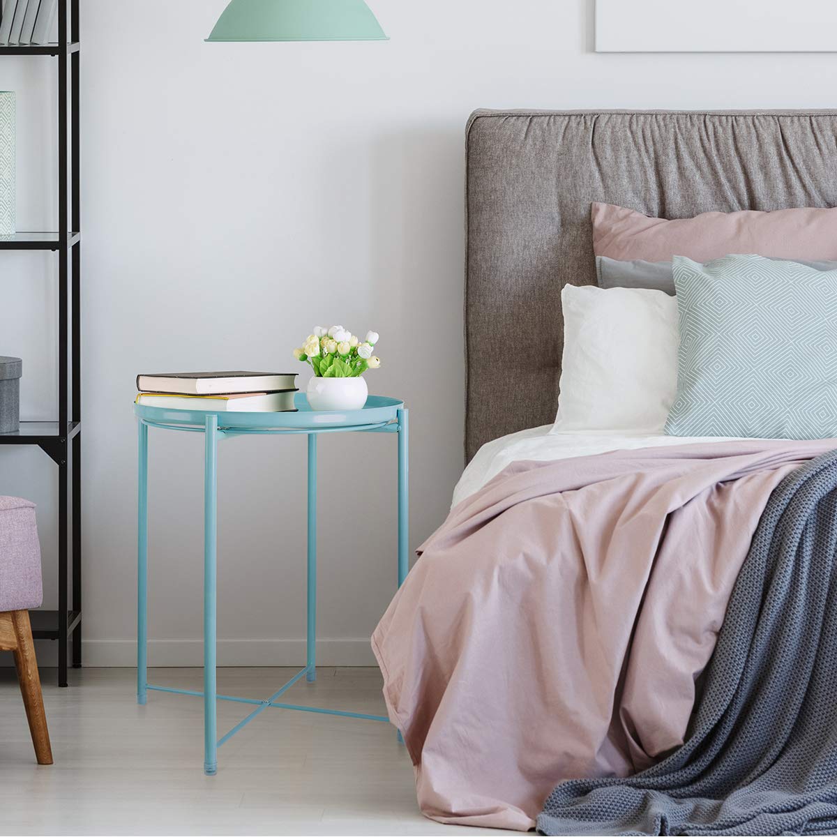 Tray End Table, Round Metal Tray Table Side Sofa Table Anti-Rust and Waterproof