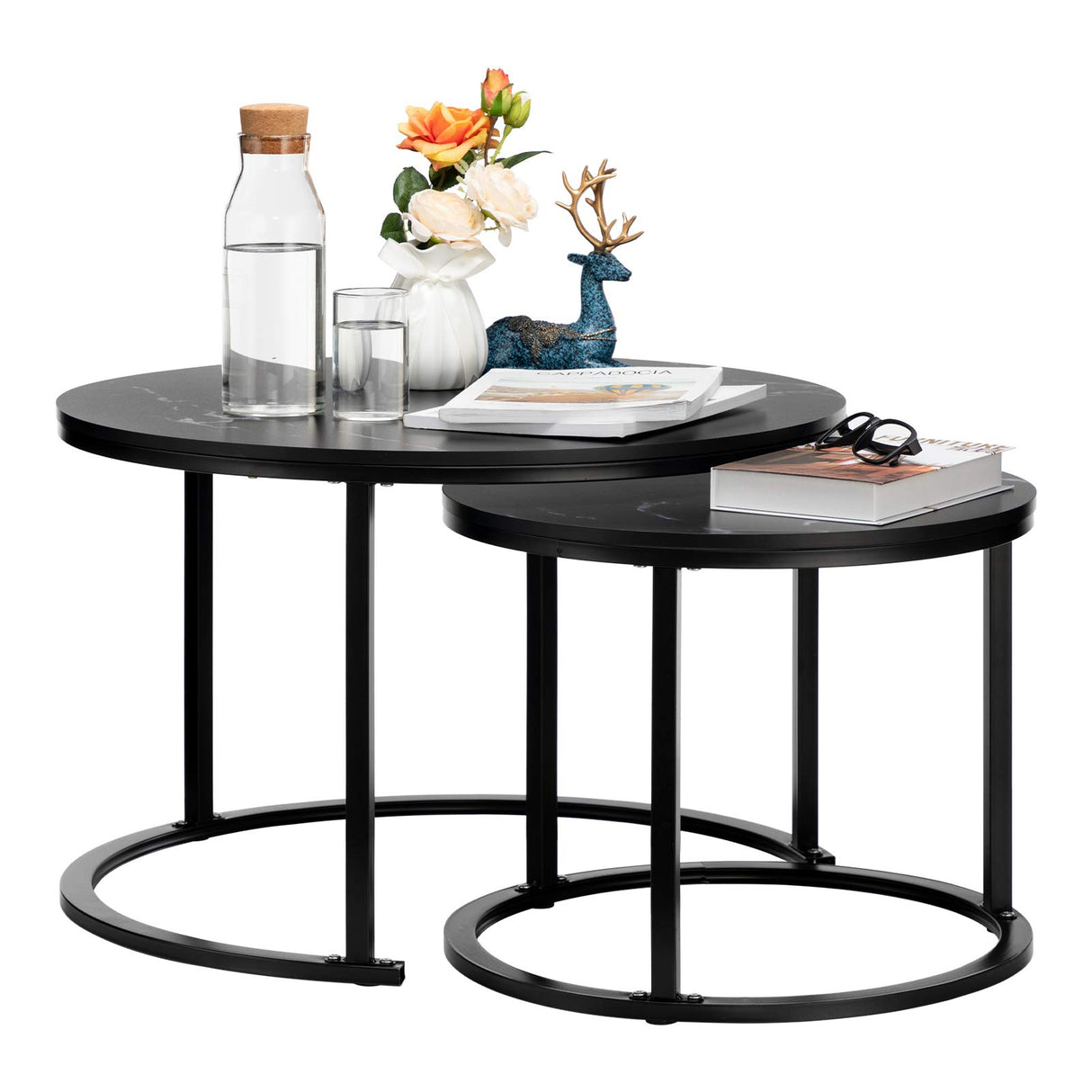 Modern Round Nesting Side Table Set of 2, Wood Coffee and Snack End Table