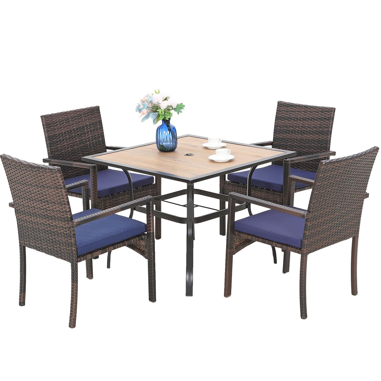 5 Pieces Patio Dining Set, Square Outdoor Table and Chairs Set for 4, Patio Table and Cushioned Rattan Chairs