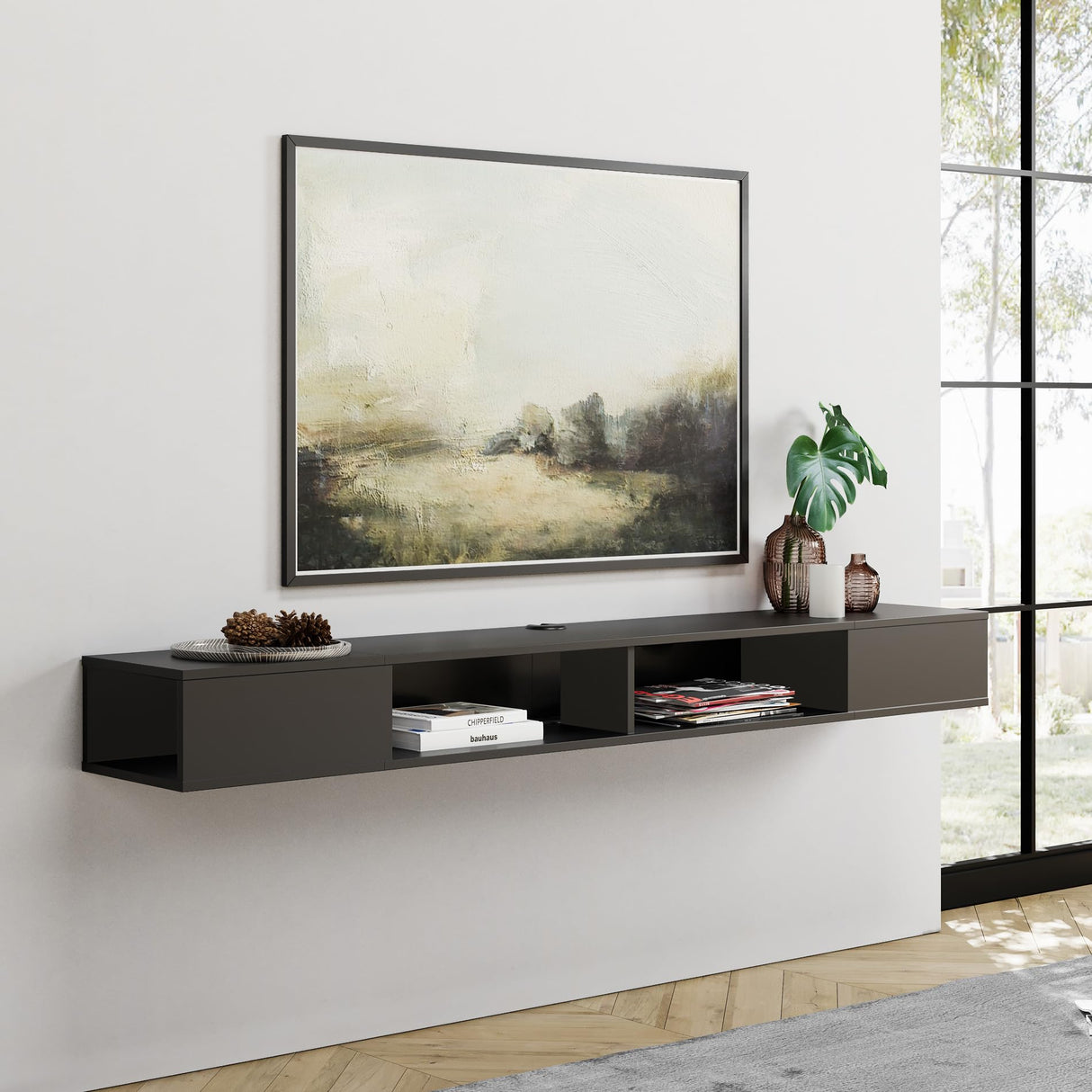 Black Floating TV Shelf 70 inch, Entertainment Center Wall Mounted Media Console