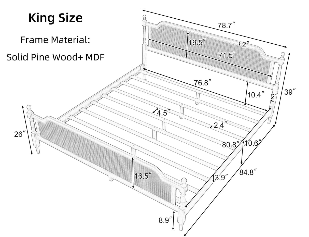 King Bed Frame with Rattan Headboard - Solid Pine Wood Platform