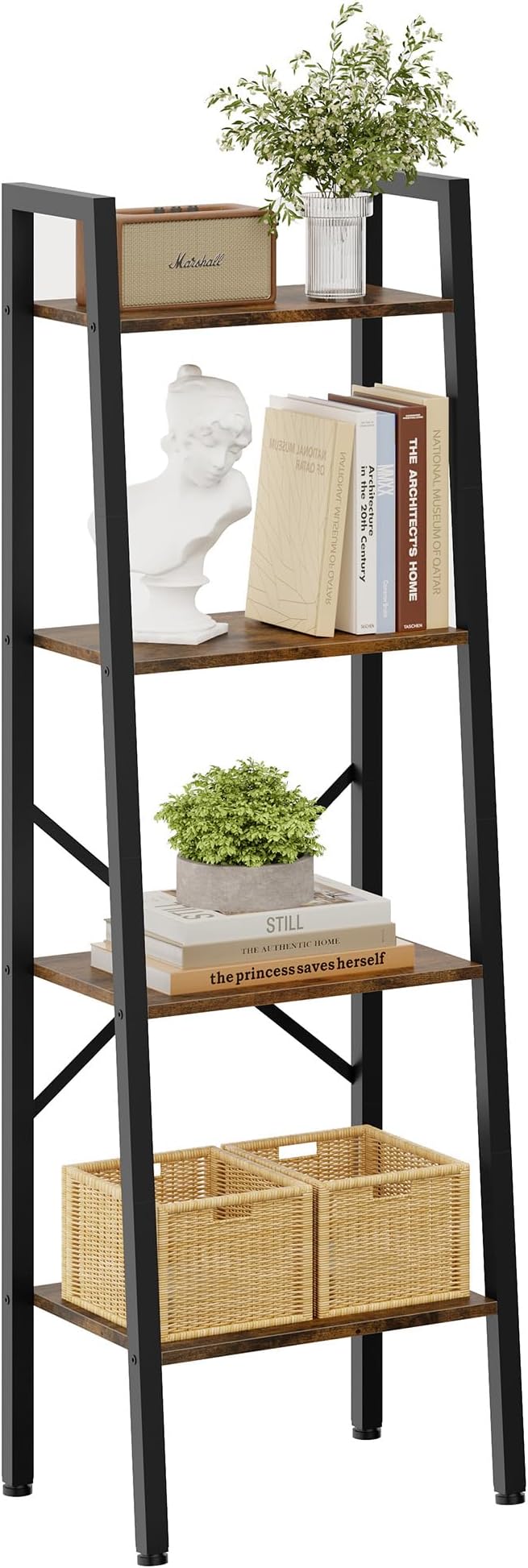 Industrial Ladder Bookshelf, Multifunctional Ladder Shelf