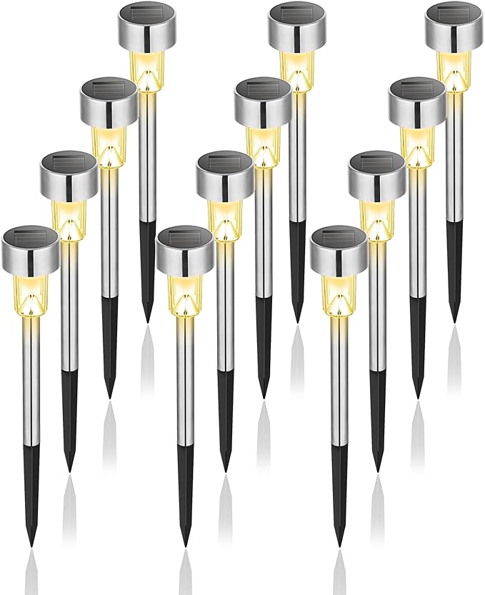 Solar Lights Outdoor Waterproof, 12 Pack, Stainless Steel LED Solar Garden Lights for Patio