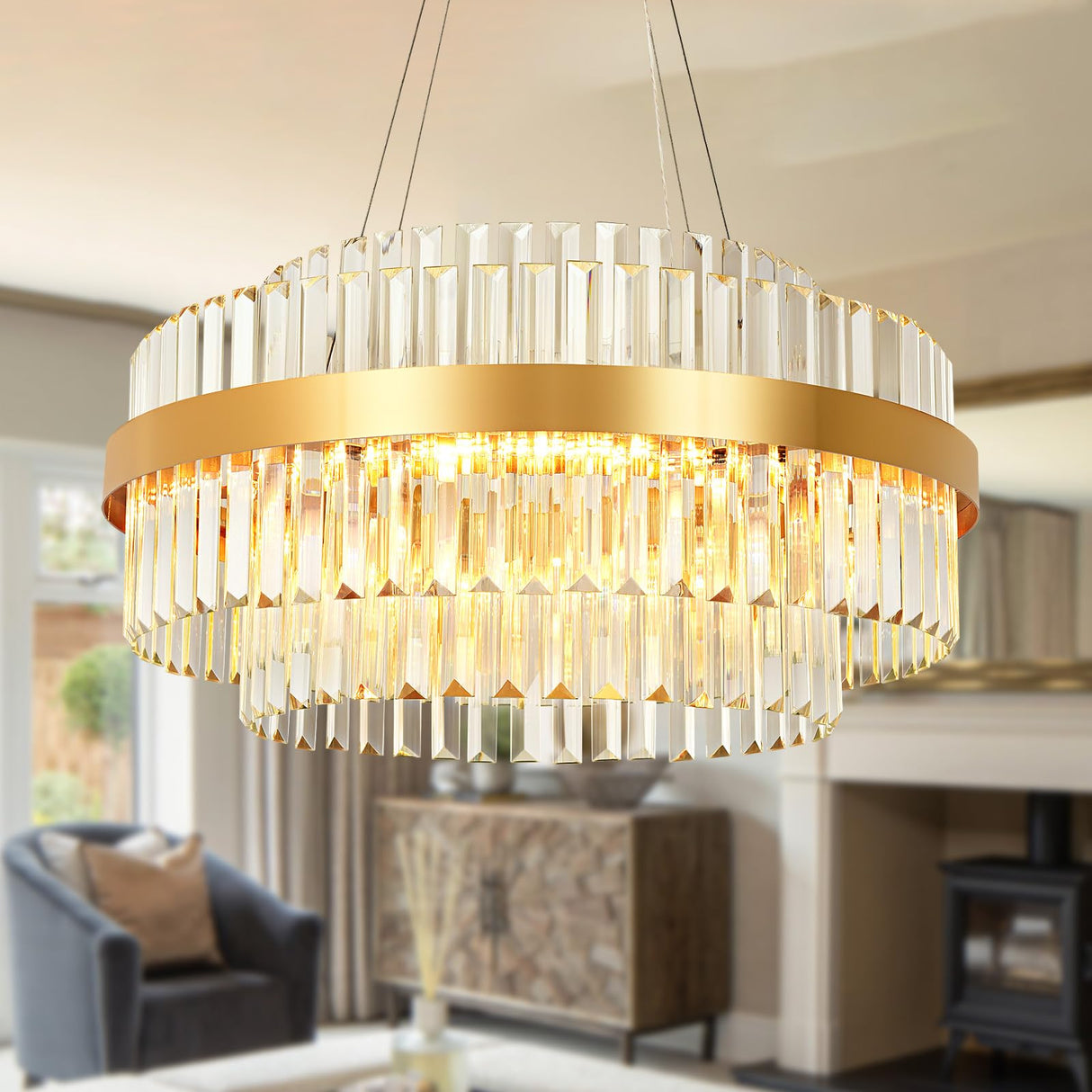 Modern Crystal Chandelier Gold, LED 3-Color Change Pendant Lights Fixture