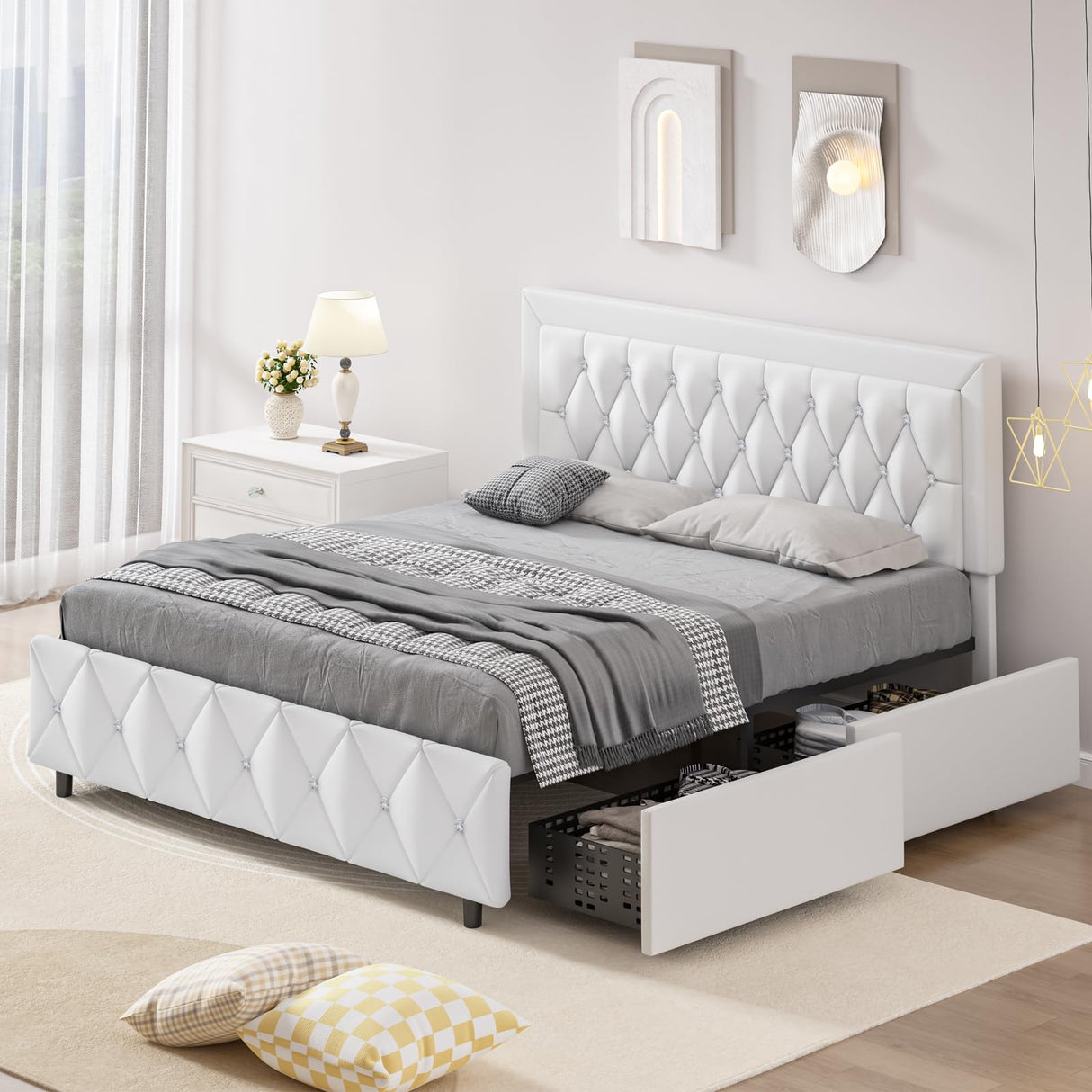 White Full Size Bed Frame with 4 Storage Drawers, Modern Leather Bed with Tufted