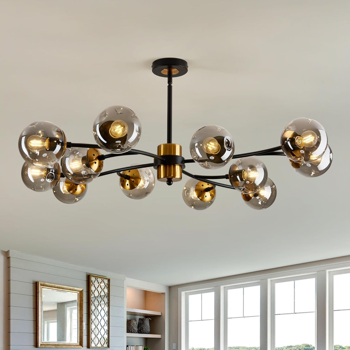 12-Light Sputnik Chandelier with Glass Globe - Mid Century Modern Black & Gold