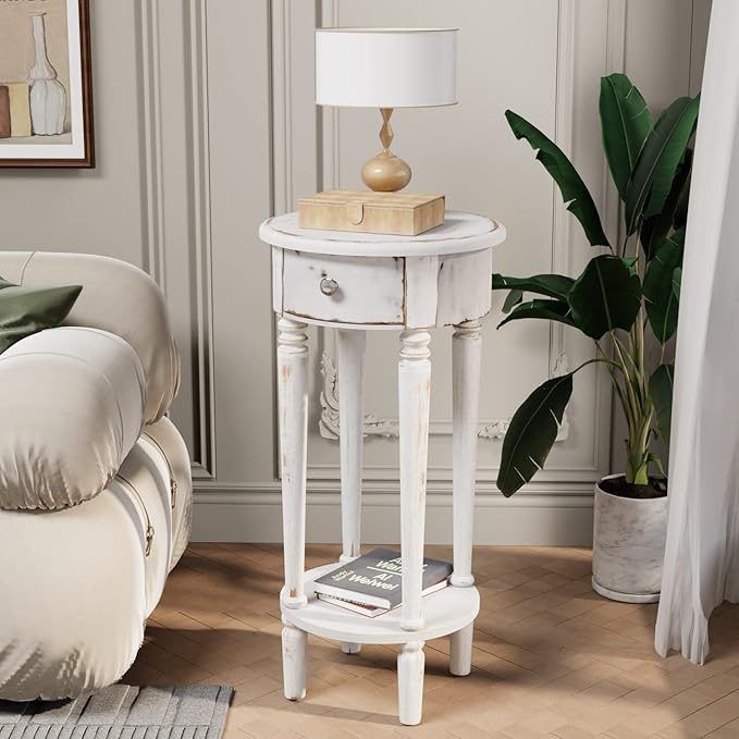 Modern Round End Table, 2-Tier Champagne Side Table with Tempered Glass Tabletop