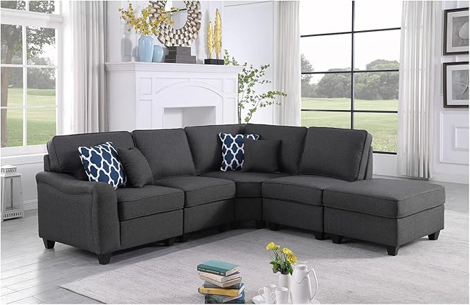 5 Piece Modular L-Shape Sectional Sofa with Ottoman, Dark Gray