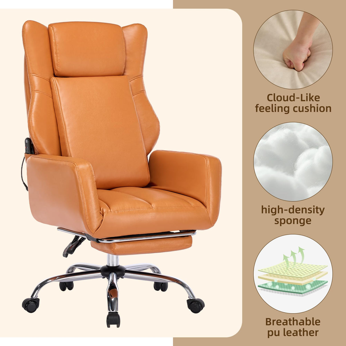 Orange Leather Office Chair with Massage and Footrest