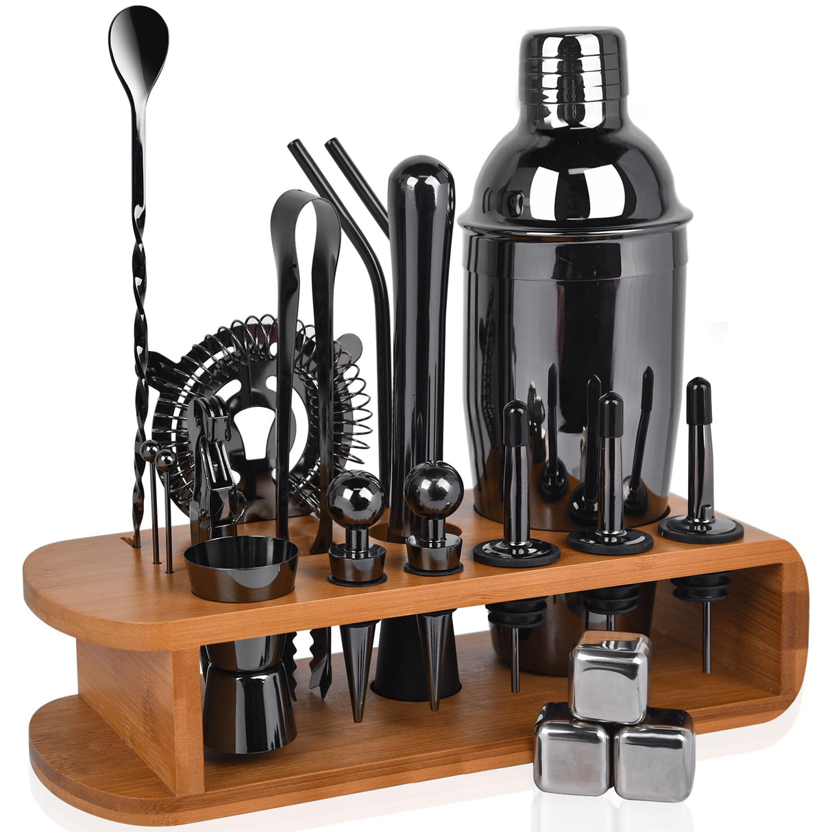 Cocktail Shaker Set with Bamboo Stand, 26-Pieces Bartender Kit 25 oz Martini Bar Tools Set