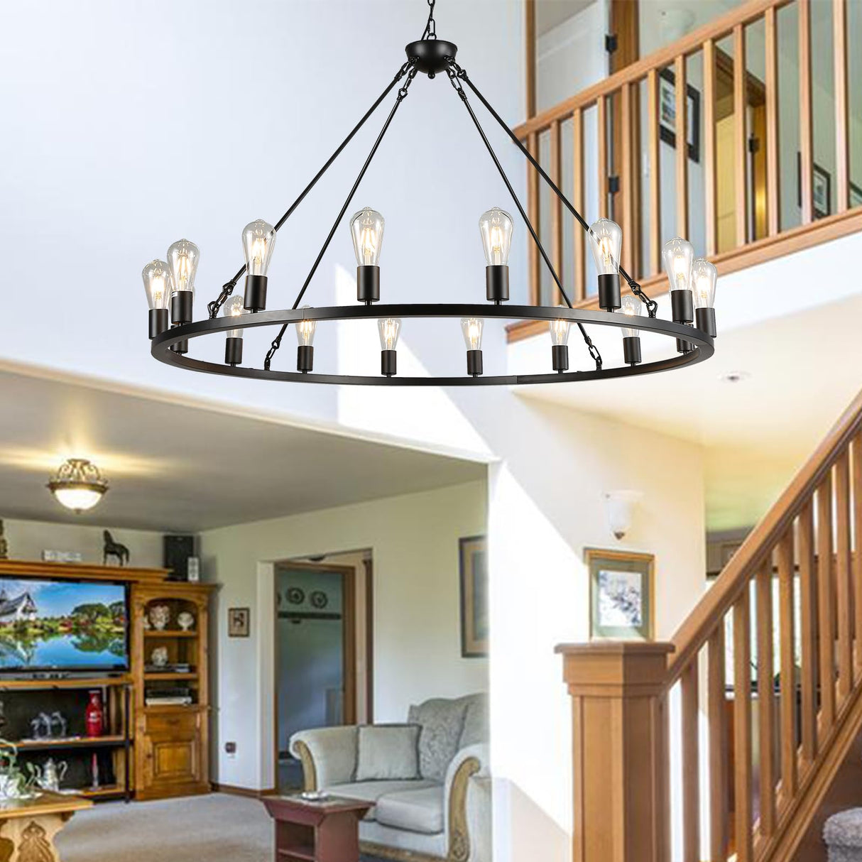 DOYFDOX 48-inch Black Wagon Wheel Chandelier, E26 16-Light Large Round Rustic Farmhouse Chandelier for High Ceilings, Living Room Foyer Entryway Hallway Villa