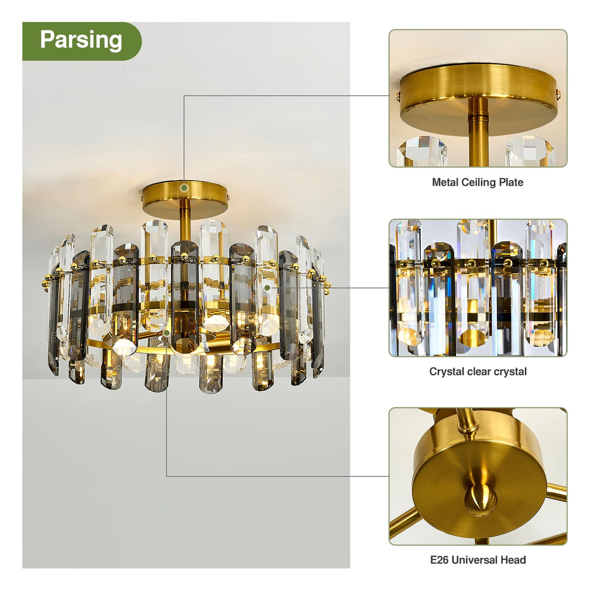 Light Crystal Ceiling Light Fixture Modern Gold Semi Flush Mount Ceiling Light Metal Close