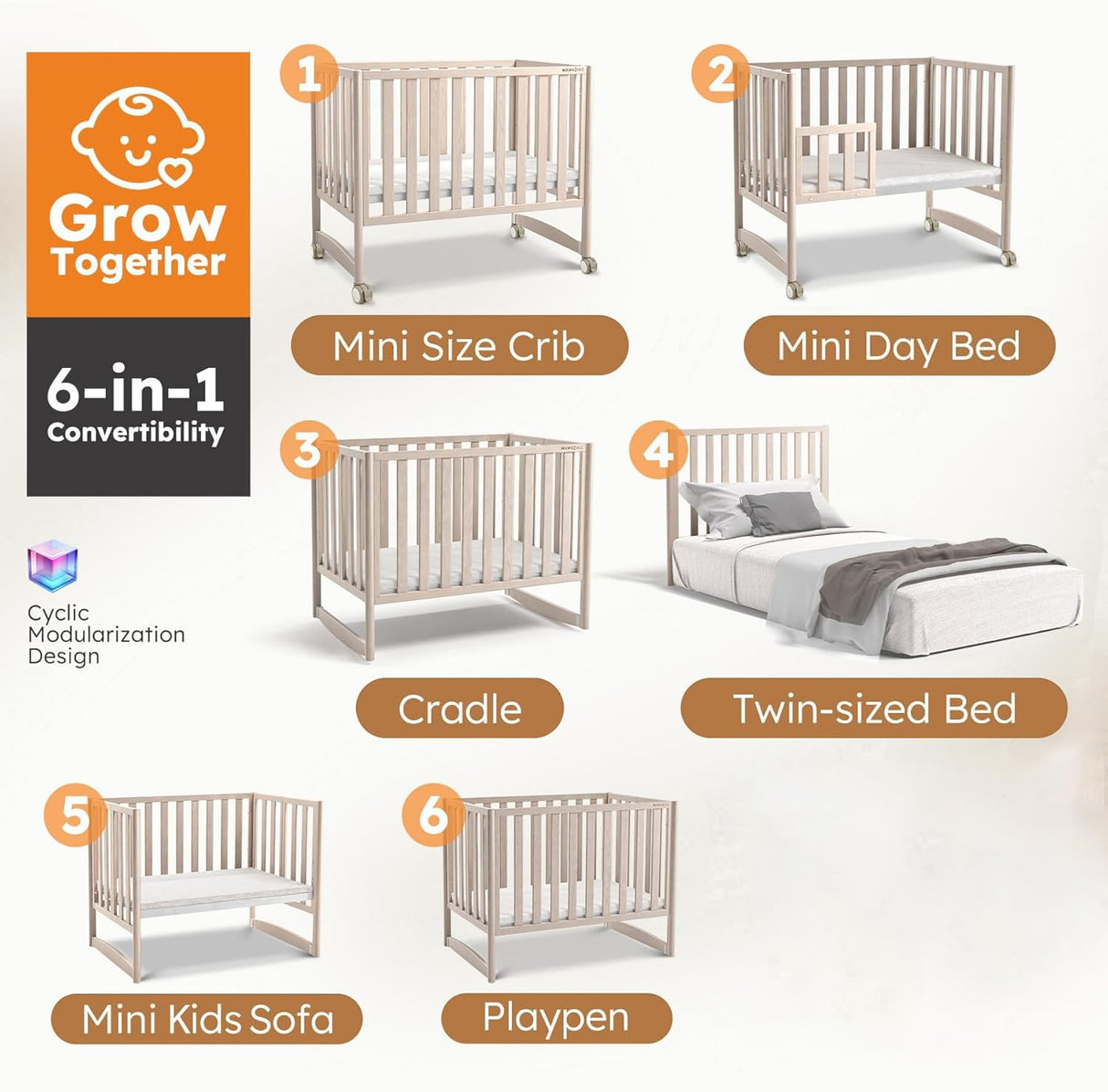 EvoNook 6-in-1 Convertible Mini Crib - Easy Assembly, Portable Folding Baby Mini Crib with Wheels, 100% New Zealand Pinewood, 4 Adjustable Mattress Heights, Washed Nature with Wheels