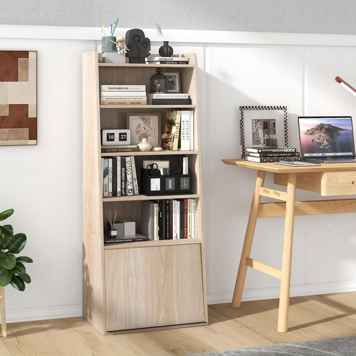Tier Bookcase, Modern Bookshelf w/ 2 Adjustable Shelves & Flip-up Door, Wood Storage