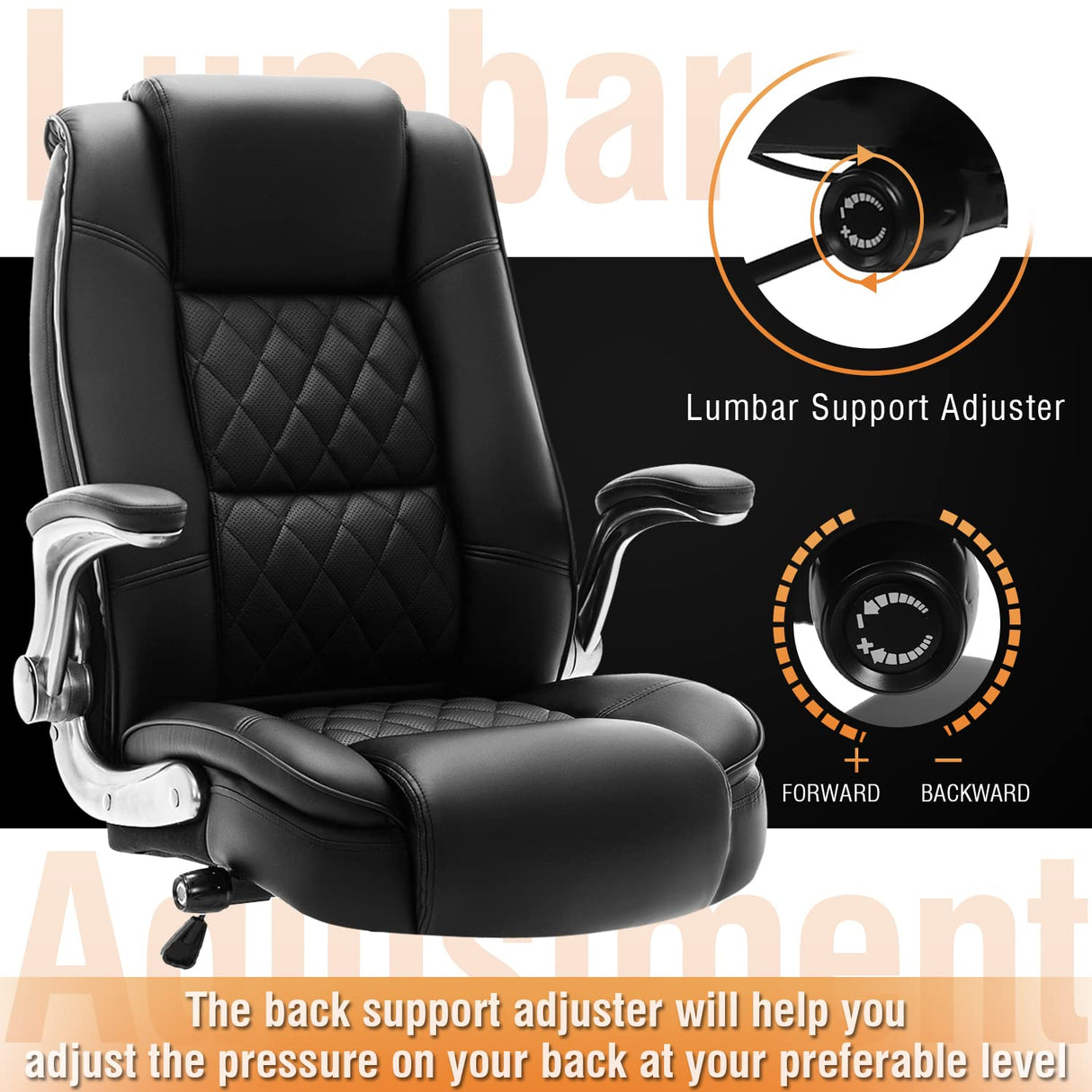 High Back Office Chair- Flip Arms Adjustable Built-in Lumbar Support, Executive Computer Desk Chair Work Chairs, Thick Padded Strong Metal Base Quiet Wheels, Ergonomic Design for Back Pain