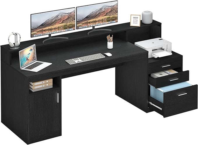YOMILUVE Computer Desk with 3 Drawer & Storage Shelves, Home Office Desk with File Drawer & Cabinet, Writing Study Table with Long Monitor Stand & Printer Shelf, Executive Workstation