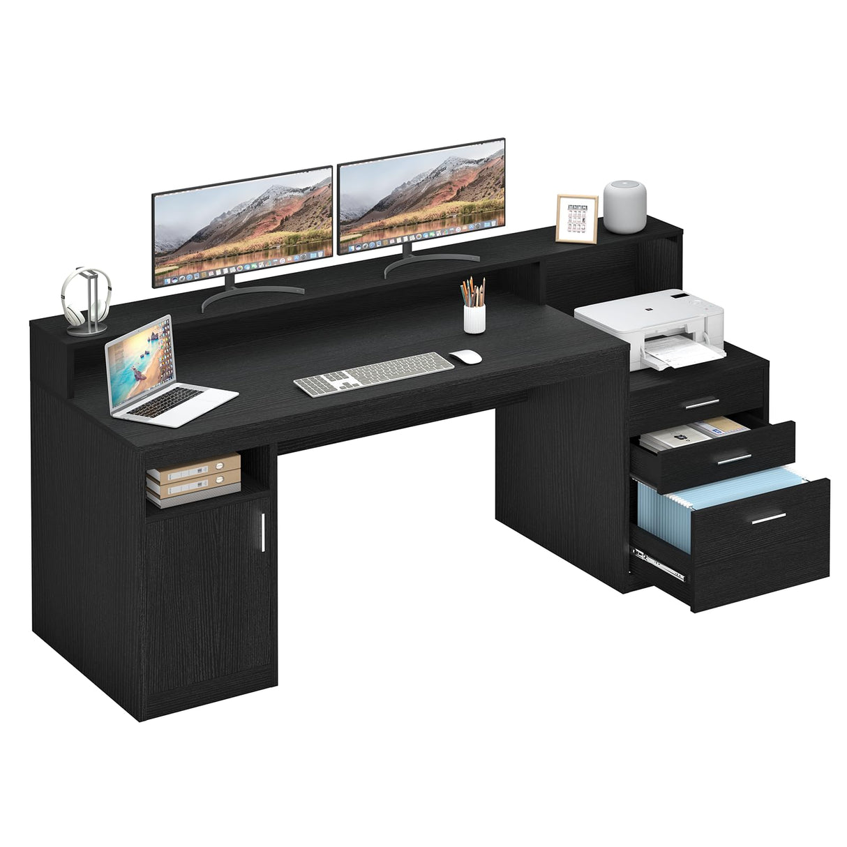 YOMILUVE Computer Desk with 3 Drawer & Storage Shelves, Home Office Desk with File Drawer & Cabinet, Writing Study Table with Long Monitor Stand & Printer Shelf, Executive Workstation