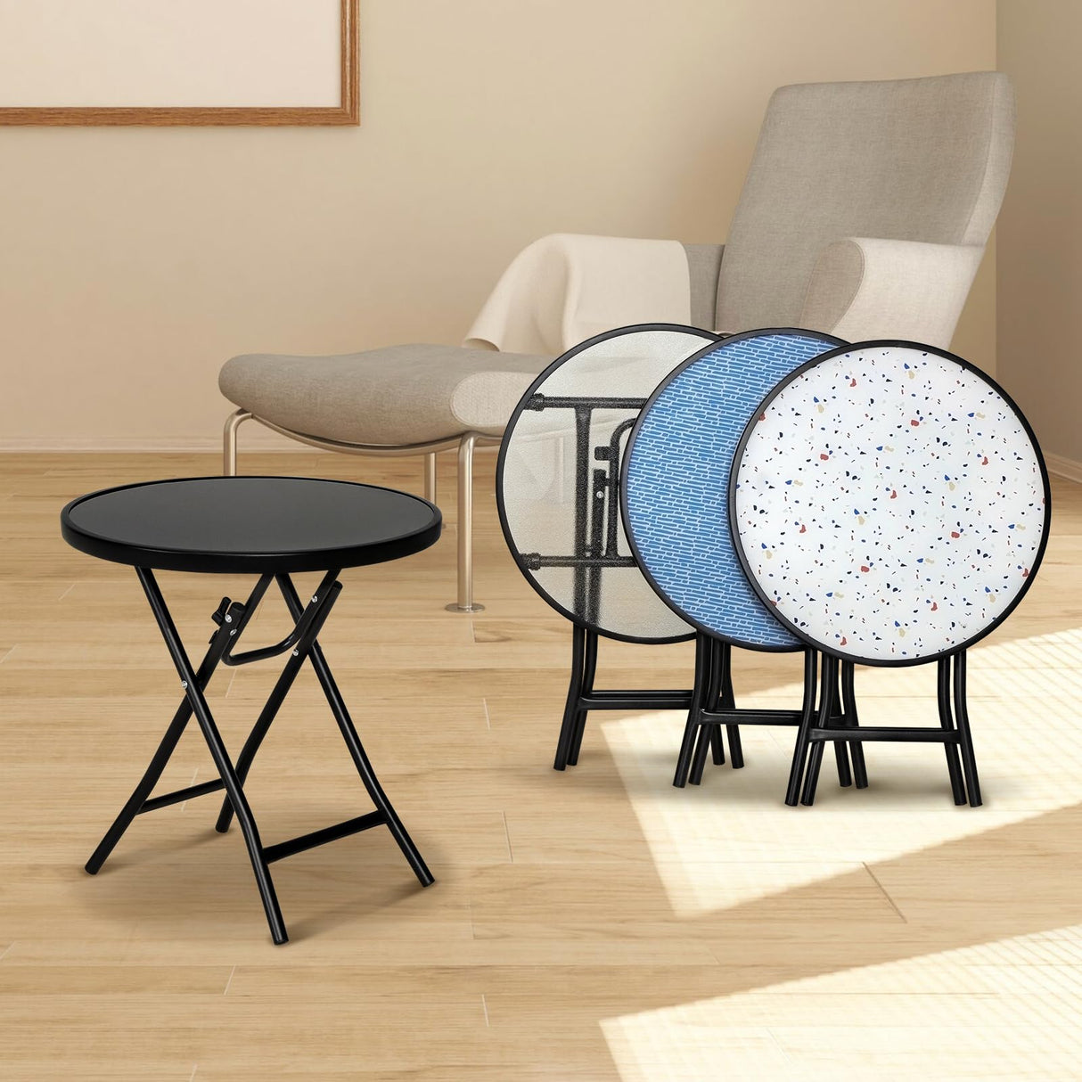 Bistro Table,18" Round Folding Side Table with Tempered Glass Tabletop,Small End Table