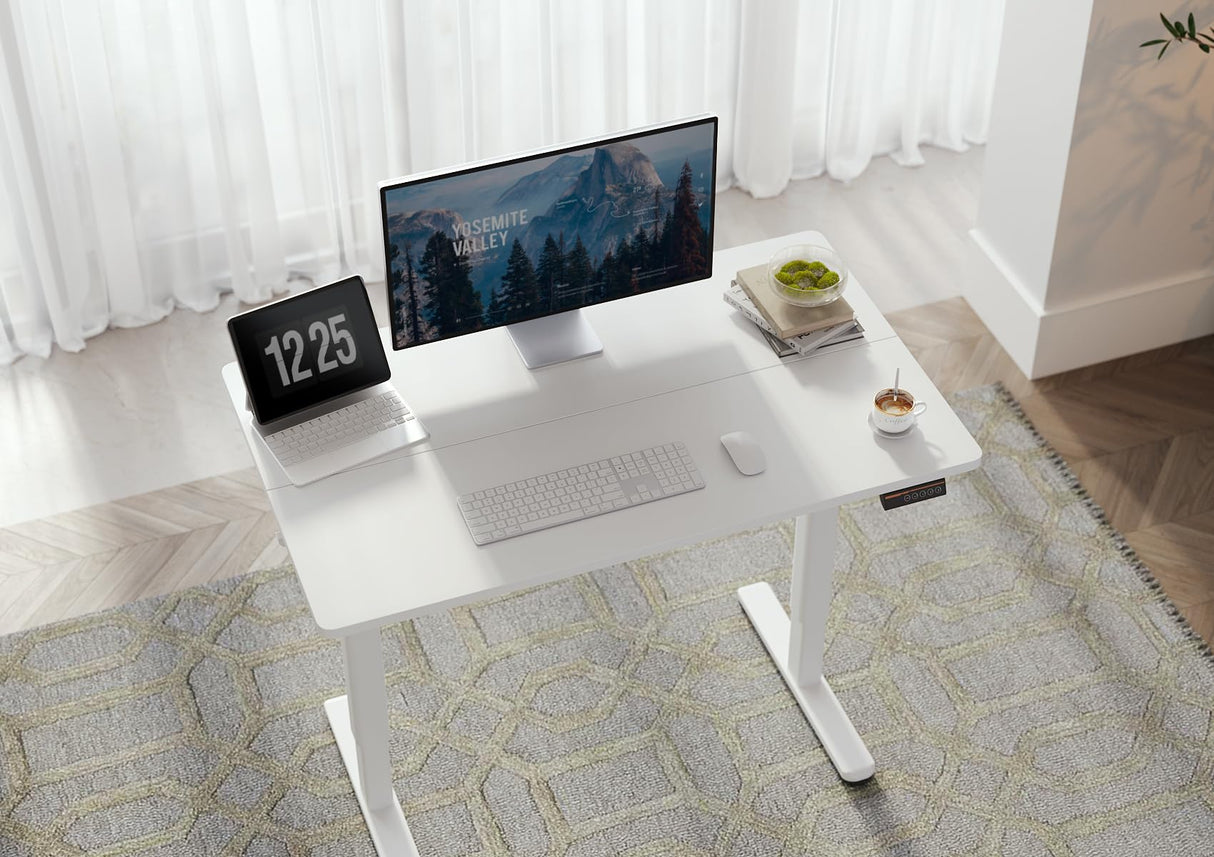 Seang Electric Standing Desk With Adjustable Height, 48x24 Inch, Sit Stand With Splice Board for Home Office Computer Workstation, White Frame/White Top