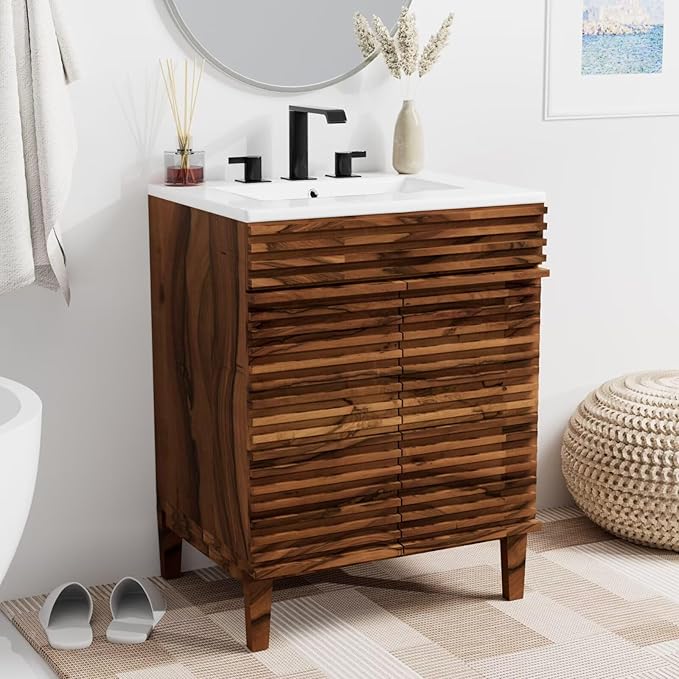 24" Nature Acacia Wood Bathroom Vanity with Integrated Ceramic Sink and Sliver Round